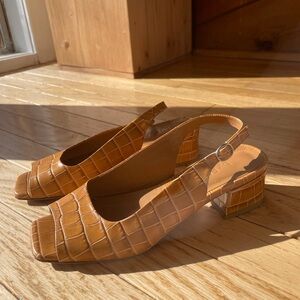 BY FAR Cognac Croc-Embossed Slingback Block Heel